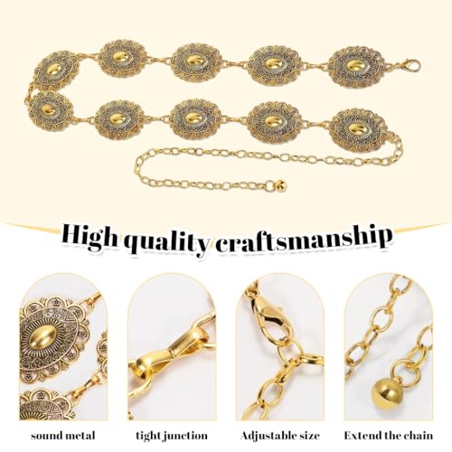 PALAY® Belt for Women Dresses Golden Metal Concho Hip Belt for Saree Fashion Vintage Waist Chain Adjustable Boho Western Ladies Belt Saree for Dresses Jeans Skirts X 2 PALAY® Belt for Women Dresses Golden Metal Concho Hip Belt for Saree Fashion Vintage Waist Chain Adjustable Boho Western Ladies Belt Saree for Dresses Jeans Skirts X 2